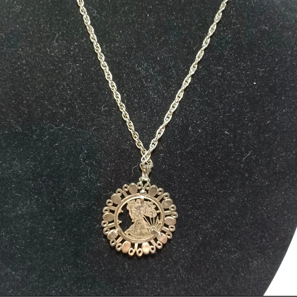 90% Silver 1946 Cut Out Walking Liberty Half Dollar Southwest Style Necklace, - Picture 3 of 7